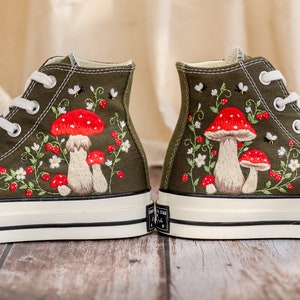 Mushrooms Embroidered Converse High Tops Custom, Strawberry, Mushrooms Embroidered Shoes, Sneakers Embroidery Mushroom, Strawberry for Women