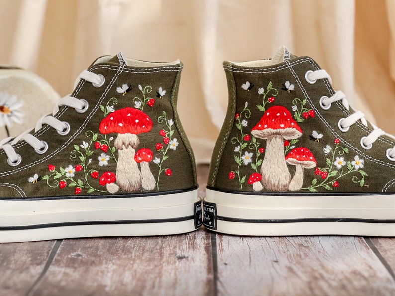 Mushrooms Embroidered Converse High Tops Custom, Strawberry, Mushrooms Embroidered Shoes, Sneakers Embroidery Mushroom, Strawberry for Women