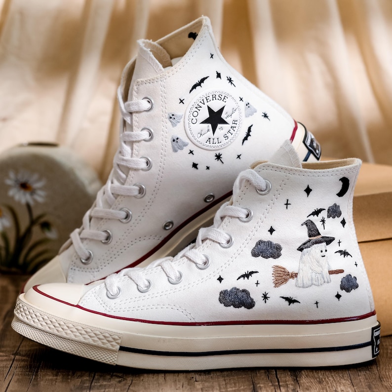 Embroidered Converse High Tops, Ghost Embroidered Shoes Custom, Halloween Embroidered Sneakers, Converse Embroidery Ghost, Halloween Gifts
