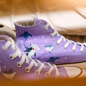 Manta Ray Embroidered Converse High Tops, Hammerhead Shark Embroidered Shoes, Ray and Shark Embroidered Sneaker Custom, Gift for Her