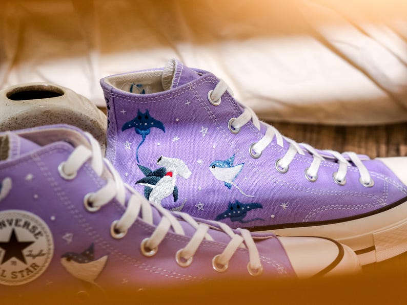 Manta Ray Embroidered Converse High Tops, Hammerhead Shark Embroidered Shoes, Ray and Shark Embroidered Sneaker Custom, Gift for Her