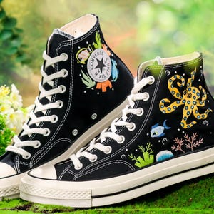 Embroidered Converse Ocean, Octopus Embroidered Shoes Custom, Converse Embroidery Turtle and Octopus, Ocean Embroidered Sneaker, Diver Gifts