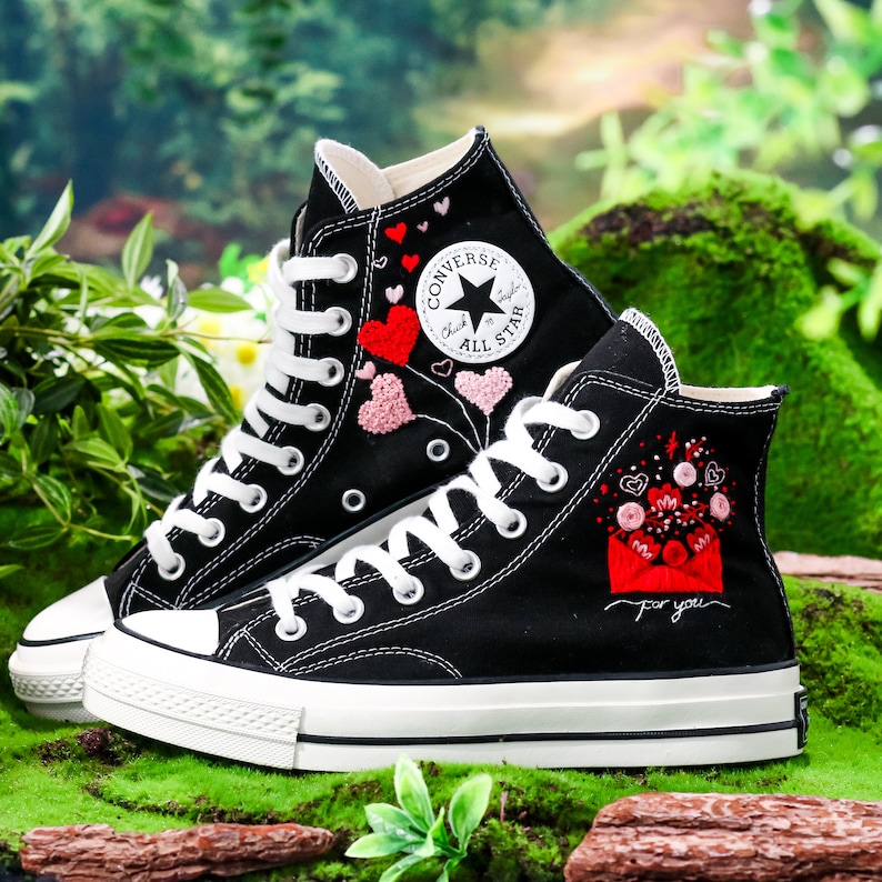 Custom Embroidered Converse, Heart Embroidery Shoes for Couple, Heart Embroidery Sneakers as Valentines Day Gift, Romantic Gift for Couple
