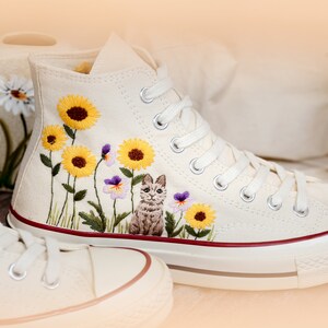 Custom Embroidered Converse High Tops 1970s, Sunflower Embroidered Shoes, Cat and Gardens Sunflower Embroidered Sneakers, Gift for Women
