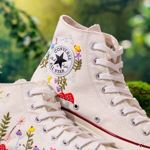 Custom Embroidered Converse High Tops, Graden Flower and Mushroom Embroidered Shoes, Floral Embroidered Sneakers Custom, Gift for Her