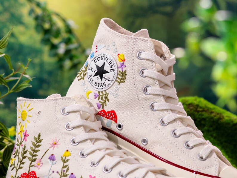 Custom Embroidered Converse High Tops, Graden Flower and Mushroom Embroidered Shoes, Floral Embroidered Sneakers Custom, Gift for Her