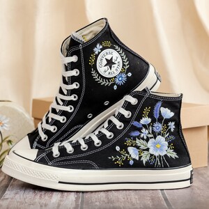 Custom Converse Embroidered, Flowers Embroidered Converse Women, Blue Flax and Flowers Embroidered Sneakers, Lavender Embroidered Sneakers