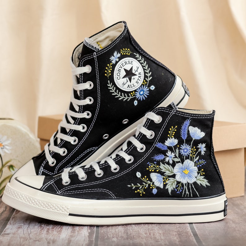 Custom Converse Embroidered, Flowers Embroidered Converse Women, Blue Flax and Flowers Embroidered Sneakers, Lavender Embroidered Sneakers