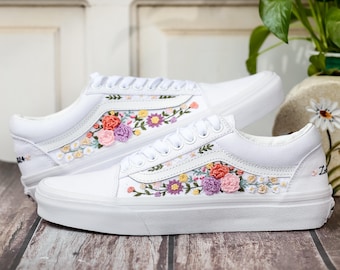 Bridal Flower Embroidered Vans, 3D Flowers Embroidered Vans for Bride, Wedding Flowers Embroidered Shoes, Sneakers Wedding Embroidery Floral
