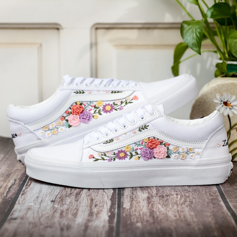 Bridal Flower Embroidered Vans, 3D Flowers Embroidered Vans for Bride, Wedding Flowers Embroidered Shoes, Sneakers Wedding Embroidery Floral