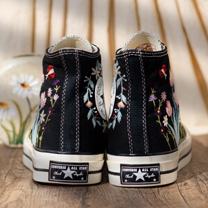 Handmade Converse Embroidery Floral, Custom Embroidered Converse High Top, Black Canvas Shoes Embroidery Tulip And Butterfly, Romantic Gift