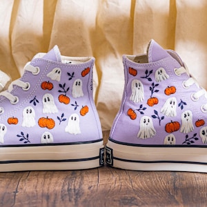 Custom Halloween Embroidered Converse High Top, Purple Converse Embroidery With Ghost & Pumpkin, Unique Embroidered Sneakers, Halloween Gift