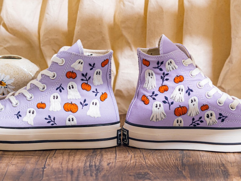 Custom Halloween Embroidered Converse High Top, Purple Converse Embroidery With Ghost & Pumpkin, Unique Embroidered Sneakers, Halloween Gift