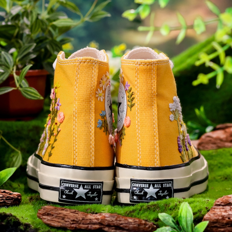 Custom Embroidery Converse High Tops, Yellow Converse Embroidered with Wildflowers, Custom Shoes Embroidery Flowers, Birthday Gift for Her