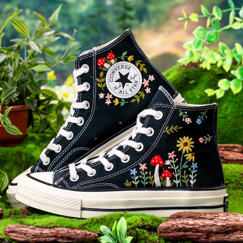 Embroidered Converse Mushroom, Sunflower, Converse Embroidery Mushroom, Custom Shoes Embroidered Floral and Mushrooms Sneakers, Gift for Her