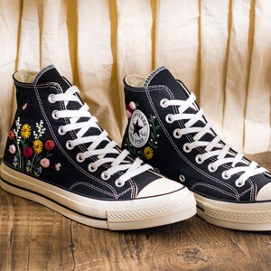 Custom Embroidered Converse Chuck Taylor High Top, Black Converse Embroidery Wildflower & Butterfly, Floral Embroidered Sneakers, Women Gift
