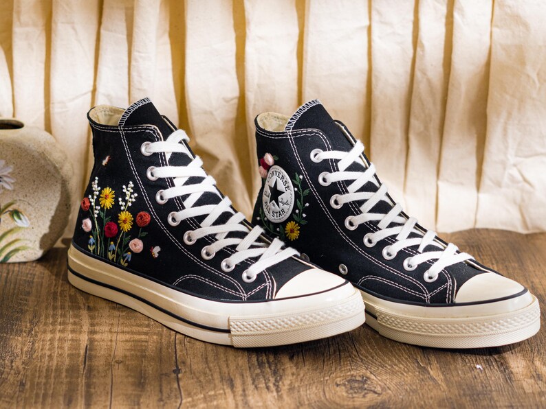 Custom Embroidered Converse Chuck Taylor High Top, Black Converse Embroidery Wildflower & Butterfly, Floral Embroidered Sneakers, Women Gift