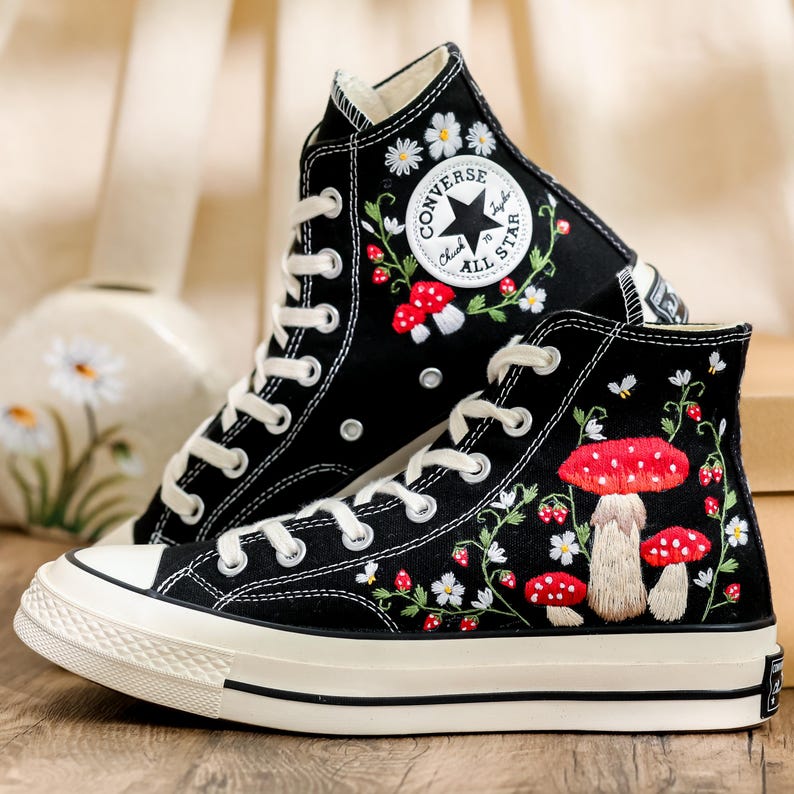 Embroidered Mushroom Converse High Tops 1970s, Mushroom Embroidered Shoes for Women, Garden Mushrooms, Strawberry, Bees Embroidered Sneakers