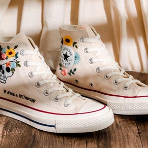 Custom Embroidered Converse High Tops, Custom Shoes Taylor 1970s Flower, Skull Embroidered, Skull Embroidery Converse, Unique Gifts For Her
