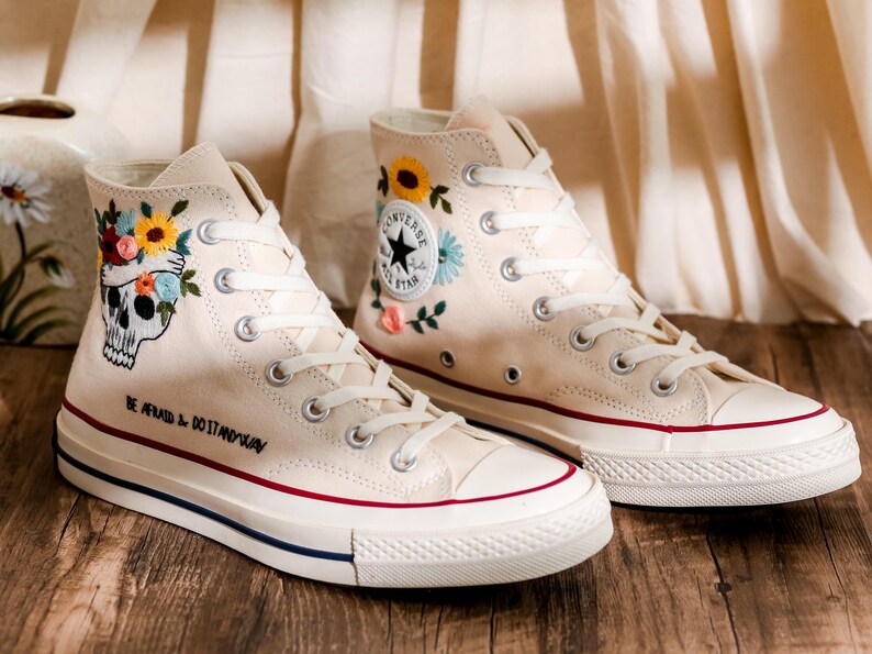Custom Embroidered Converse High Tops, Custom Shoes Taylor 1970s Flower, Skull Embroidered, Skull Embroidery Converse, Unique Gifts For Her