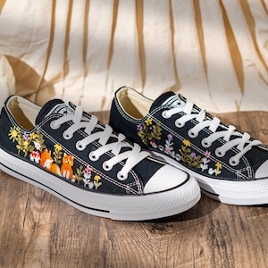 Hand Embroidered Converse Low Top Sneakers, Custom Black Shoes Embroidery Fox And Wildflower, Handmade Nature Art Converse, Unique Gift Idea
