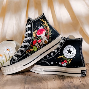Mushroom Embroidered Converse High Tops, Mushrooms, Frog Embroidered Shoes, Converse Embroidery Mushroom, Embroidered Sneaker, Gift for Her