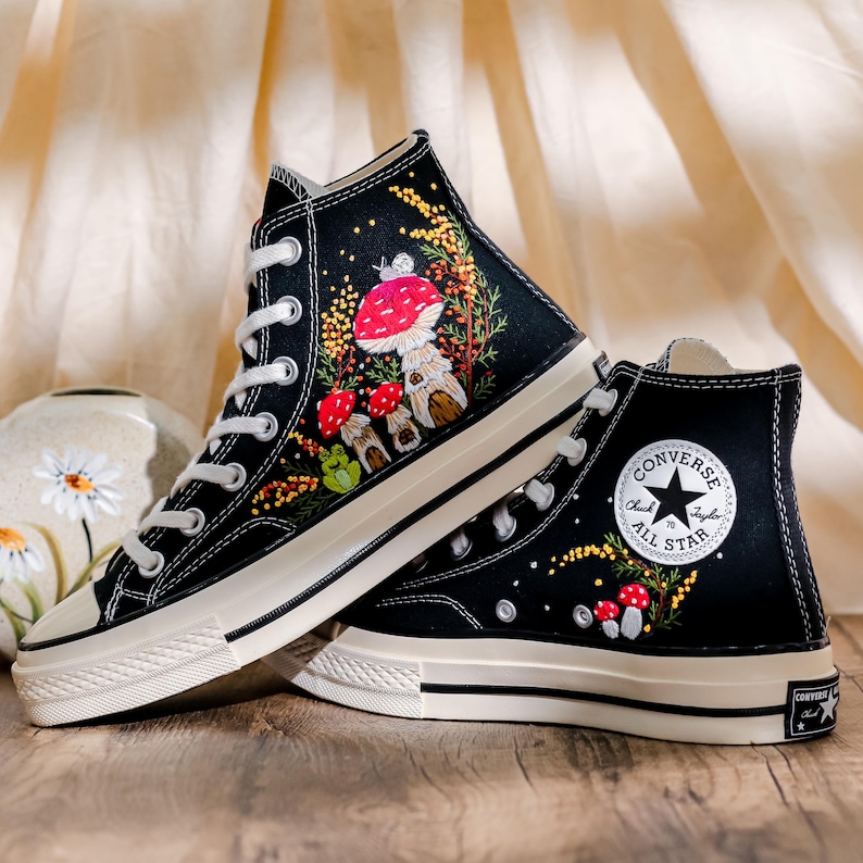 Mushroom Embroidered Converse High Tops, Mushrooms, Frog Embroidered Shoes, Converse Embroidery Mushroom, Embroidered Sneaker, Gift for Her