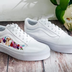 Custom Embroidered Vans Old Shool, Pet Embroidered Wedding Vans, Flowers and Dog Embroidered Shoes Custom, Personalized Bridal Sneakers