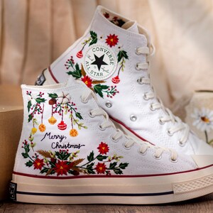 Christmas Embroidered Converse Shoes, Poinsettia Floral Design & Merry Christmas Embroidery Sneakers, Unique Holiday Gift Idea