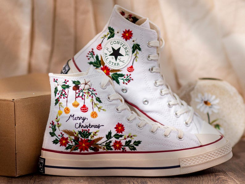 Christmas Embroidered Converse Shoes, Poinsettia Floral Design & Merry Christmas Embroidery Sneakers, Unique Holiday Gift Idea