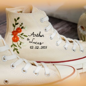 Weedding Converse For Bride, Name and Anniversary Date Embroidered Shoes Custom, Bridal Flower Embroidered Sneakers, Wedding Gift
