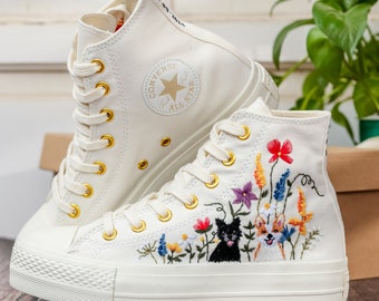 Converse Platform personalizzate ricamate, scarpe da ginnastica ricamate con gatto e cane, scarpe ricamate per animali domestici, scarpe con ricamo floreale, regali di compleanno per lei