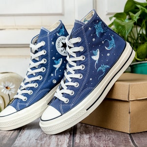 Custom Embroidered Converse High Tops, Custom Converse Chuck Taylor 1970s Manta Ray Embroidered, Ocean Embroidered Shoes Custom, Ocean Gifts