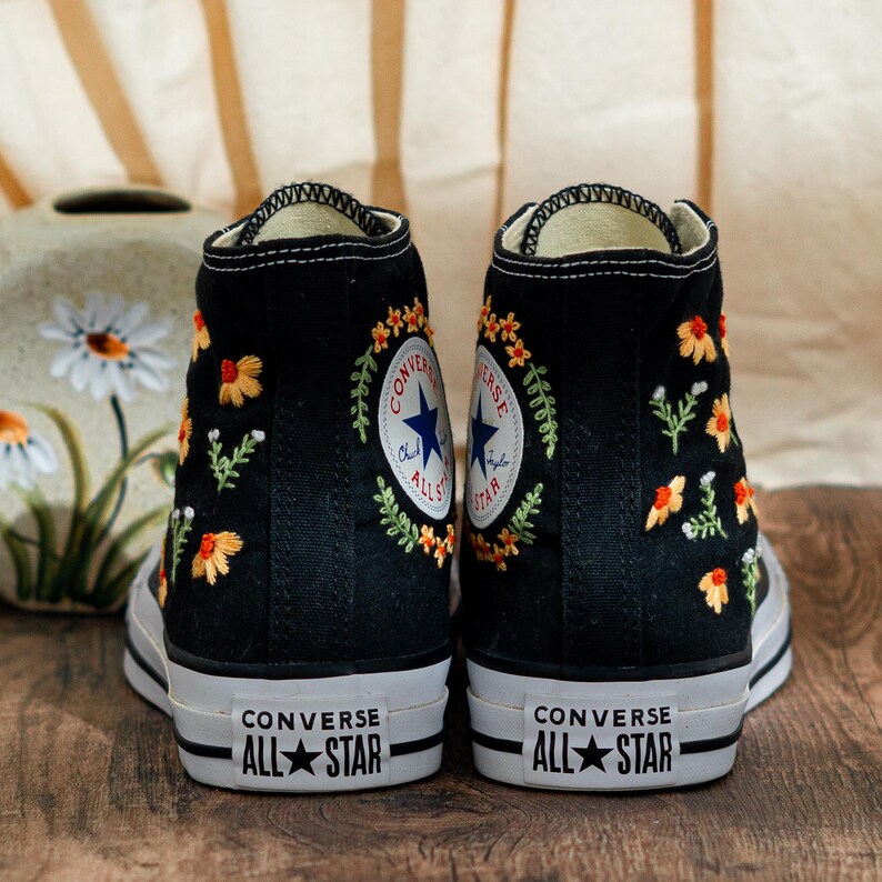 Custom Embroidered Converse Chuck Taylor High Tops, Yellow Converse Embroidery Daisy & Lavender, Custom Floral Embroidered Sneaker, Gift Her