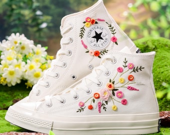 Embroidered Wedding Converse Shoes, Bridal Floral Embroidery Converse, Wedding Flowers Embroidered Sneakers, Personalized Bridal Sneaker