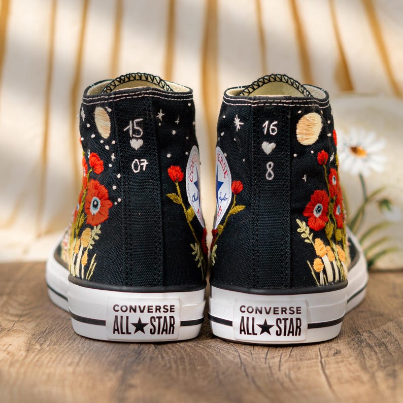 Unique Embroidered Converse High Tops, Mushroom Embroidery Converse, Red Floral Embroidered Sneakers With Eyes, Custom Shoes, Halloween Gift