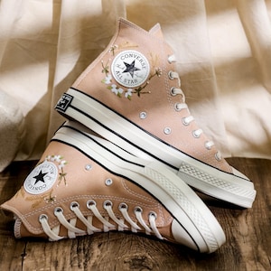 Embroidered Converse Custom, Wildflowers Embroidered Shoes, Chrysanthemum Embroidered Sneakers, Brown Converse Embroidery Flower for Her