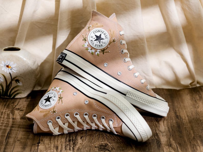 Embroidered Converse Custom, Wildflowers Embroidered Shoes, Chrysanthemum Embroidered Sneakers, Brown Converse Embroidery Flower for Her