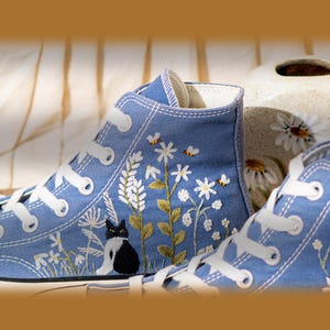 Blue Denim Cat And Floral Design Embroidery Converse, Custom Embroidered Sneakers High Top, Unique Converse Shoes, Custom Gift For Cat Lover