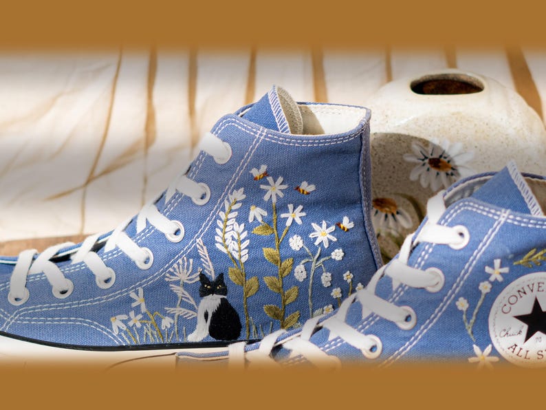 Blue Denim Cat And Floral Design Embroidery Converse, Custom Embroidered Sneakers High Top, Unique Converse Shoes, Custom Gift For Cat Lover