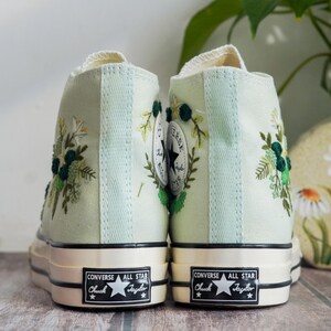 Custom Embroidered Converse Chuck Taylor, Green Flowers Embroidery Convese Shoes, Flower Wedding Embroidered Shoes, Gift for Her