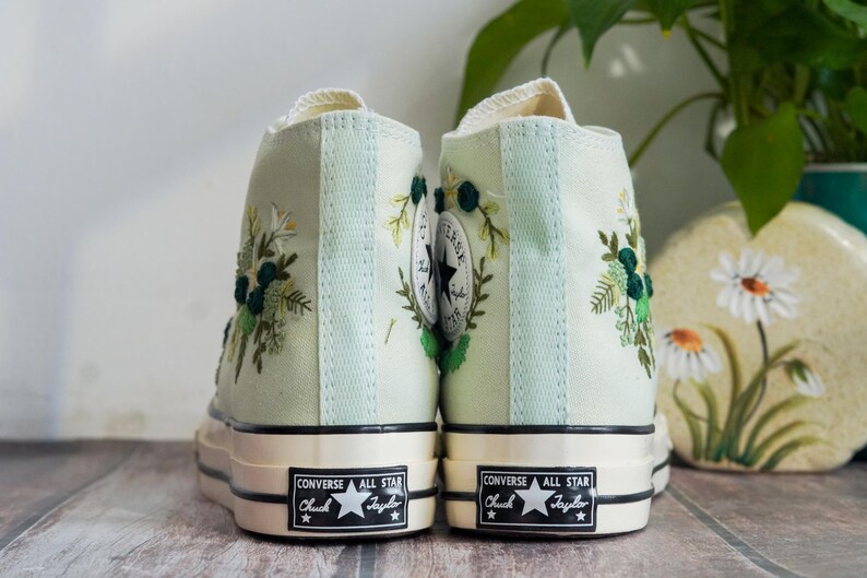 Custom Embroidered Converse Chuck Taylor, Green Flowers Embroidery Convese Shoes, Flower Wedding Embroidered Shoes, Gift for Her