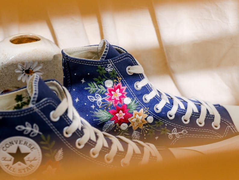 Embroidered Converse, Converse Embroidery Poinsettia Flowers, Christmas Embroidered Shoes, Snowflakes Embroidery Sneakers, Christmas Gifts