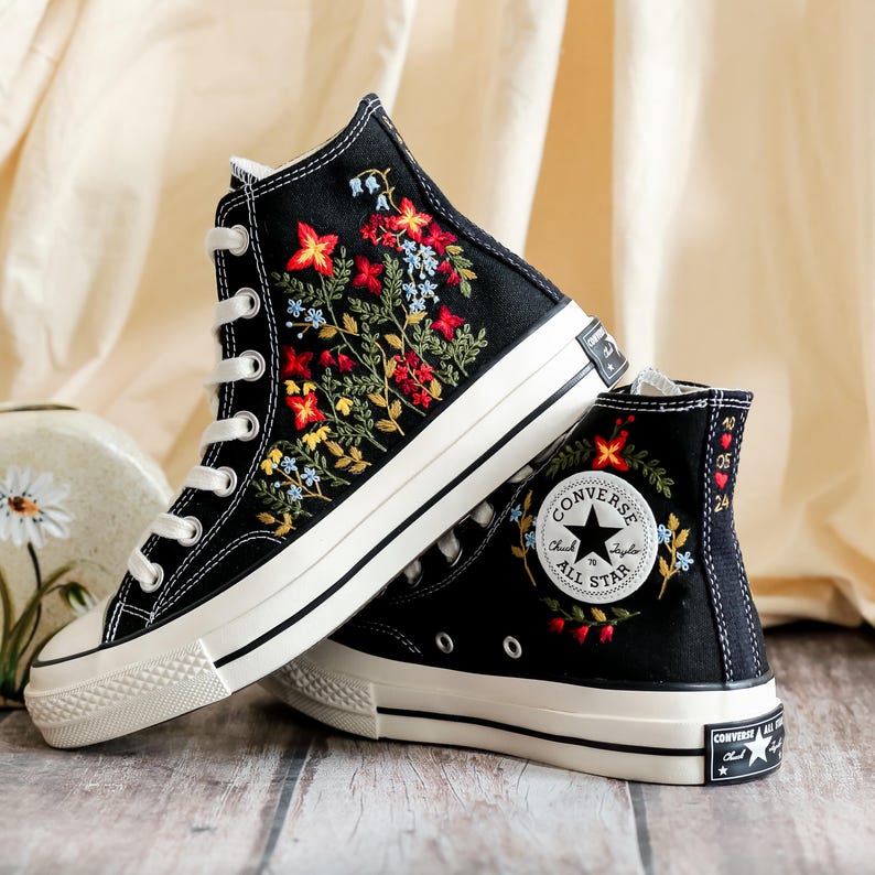 Embroidered Converse, Converse Embroidery Flower, Garden Wildflower Embroidered Converse Shoes, Flower Embroidered Sneakers, Handmade Gift