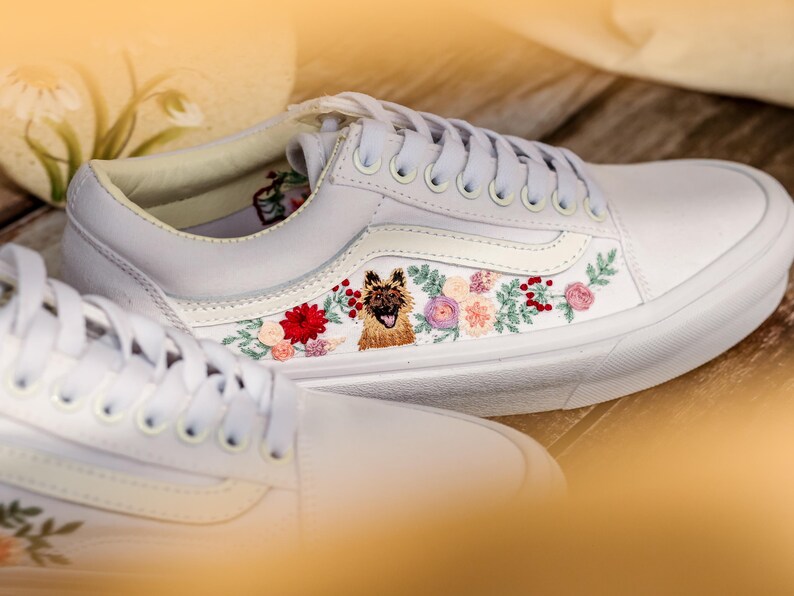 Custom Embroidered Vans Old Skool, Flowers, Pet Embroidered Wedding Reception Shoes, Floral Embroidered Sneaker, Personalized Bridal Sneaker