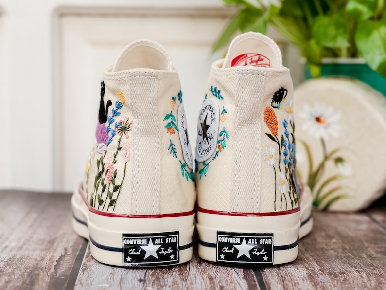 Mushroom and Black Cat Embroidered Converse, Custom Halloween Embroidered Sneakers,Pet Embroidered Shoes, Hand Embroidered Gift for Her
