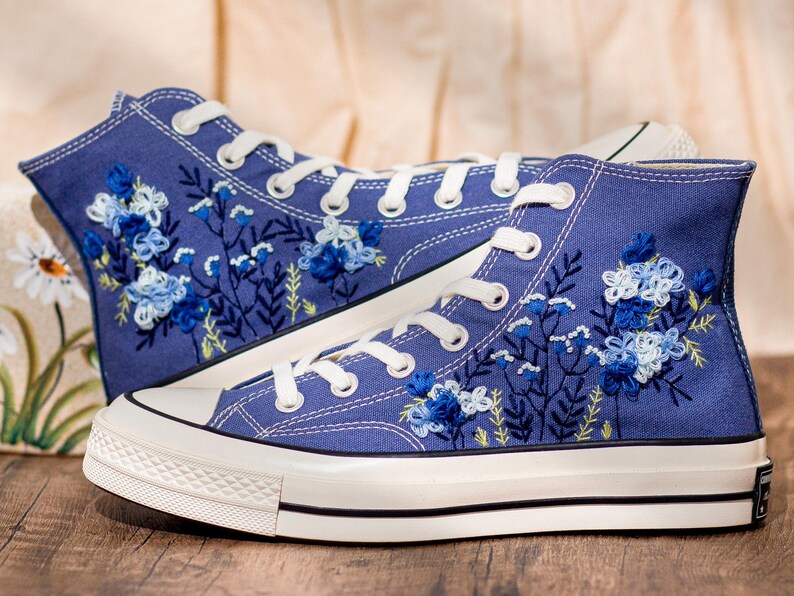 Blue Converse Chuck Taylor 1970s: Custom Floral Embroidered Bridal Sneakers