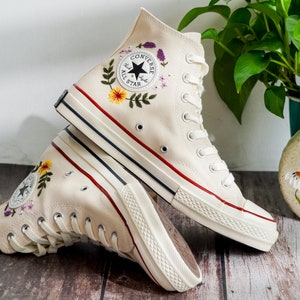 Customized Converse Embroidered Shoes, Converse High Tops 1970s Embroidered Sunflower Garden, Lavender, Converse Shoes Best Gift for Her