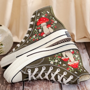 Customized Converse Embroidered Shoes, Mushrooms Embroidered Sneakers Women, Gardens Mushrooms, Strawberry Embroidered Converse Chuck Taylor