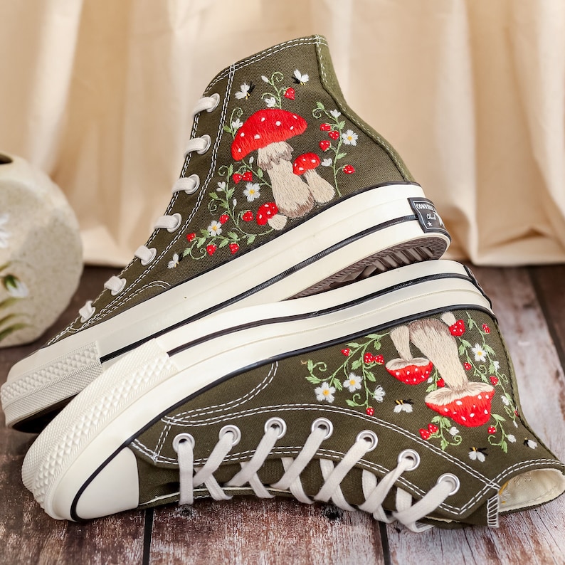 Customized Converse Embroidered Shoes, Mushrooms Embroidered Sneakers Women, Gardens Mushrooms, Strawberry Embroidered Converse Chuck Taylor